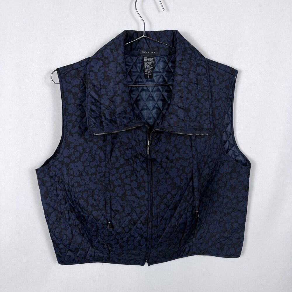 Mel & Lisa Cropped Quilted Zip Vest Blue/Black Floral Sleeveless Size 6